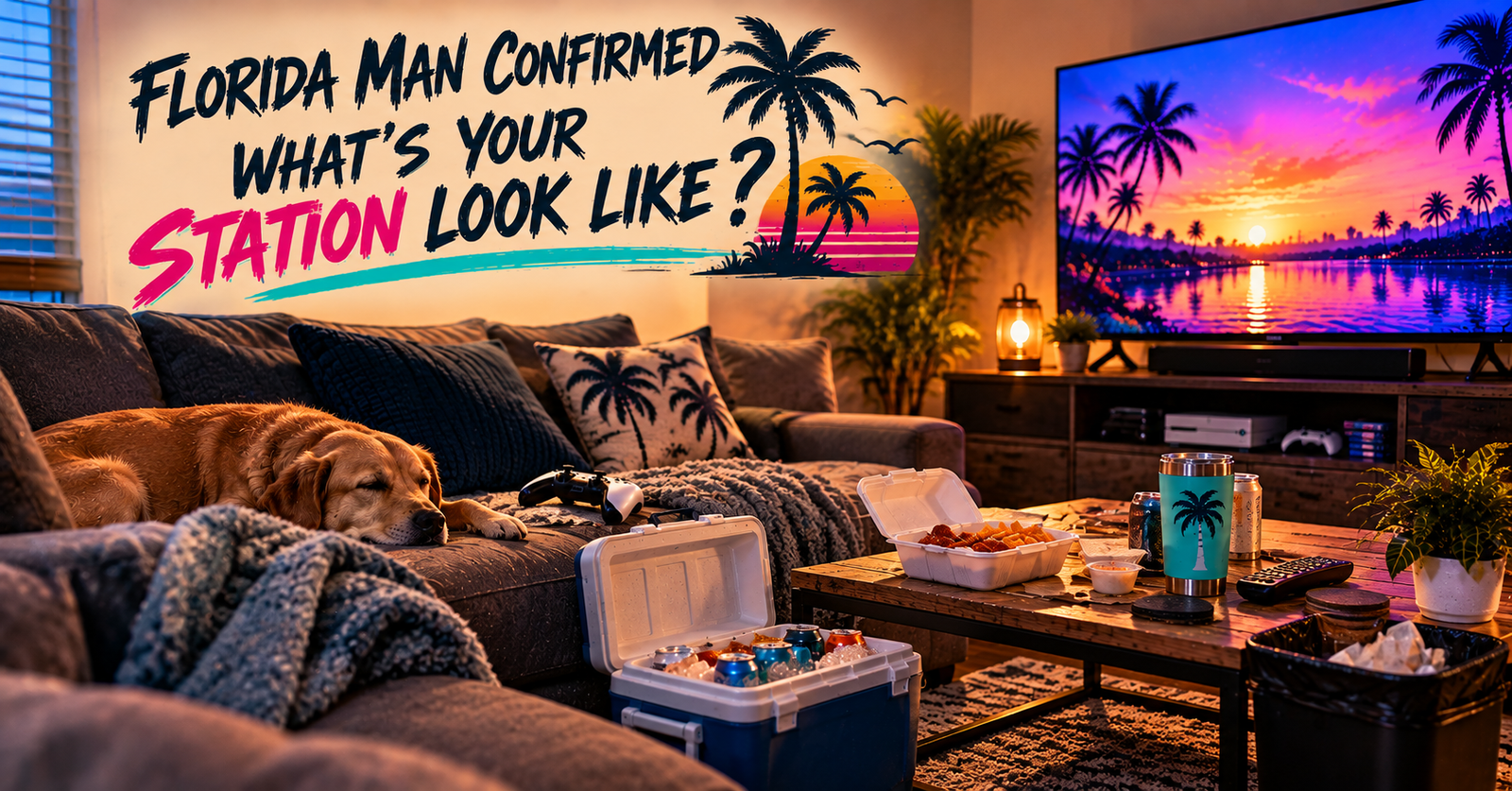 A cozy living room gaming setup with a sleeping dog on the couch, a cooler and a big TV, with the words what's your station look like?