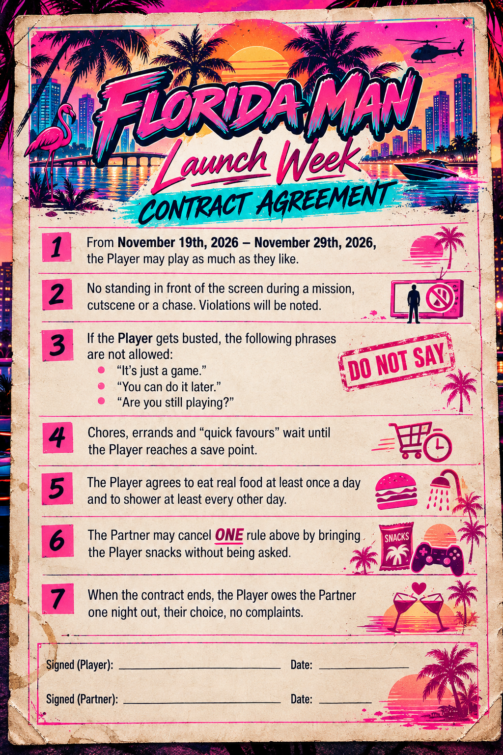The Florida Man Launch Week Contract Agreement poster, with a Miami sunset, palm trees and seven numbered rules for launch week, from November 19 to 29, 2026, with signature lines for the Player and the Partner.