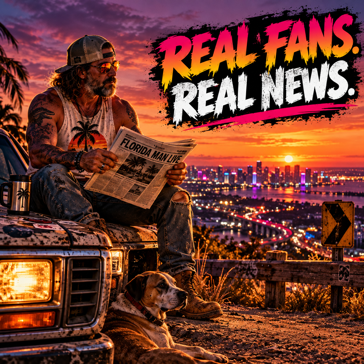 Florida Man sitting on the hood of his truck above the city at sunset, reading the paper with his dog beside him.