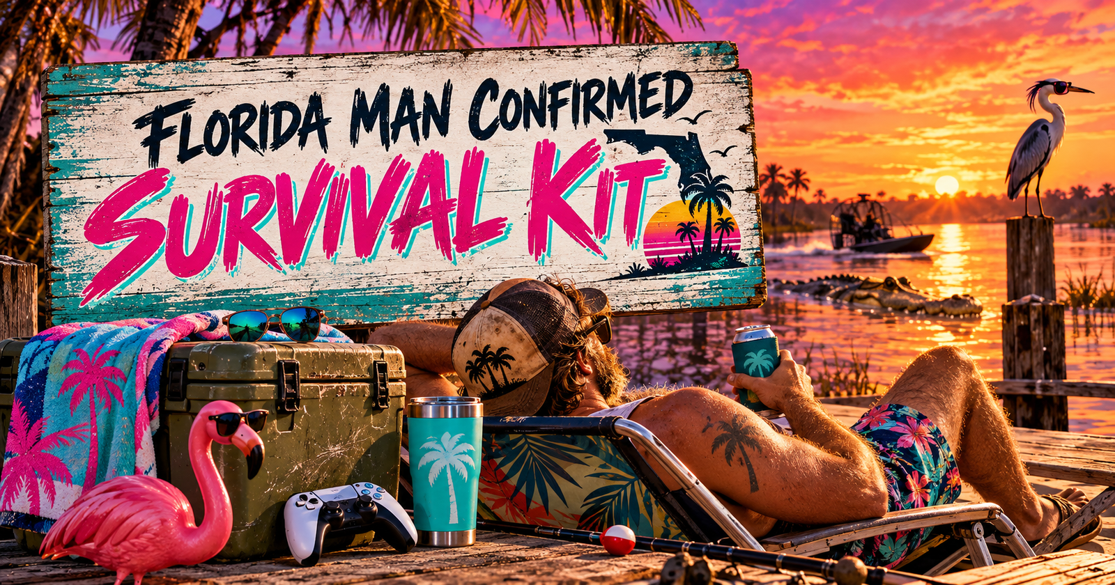 Florida Man relaxing on a beach at sunset with a cooler, a flamingo and a sign that says Florida Man Confirmed Survival Kit.