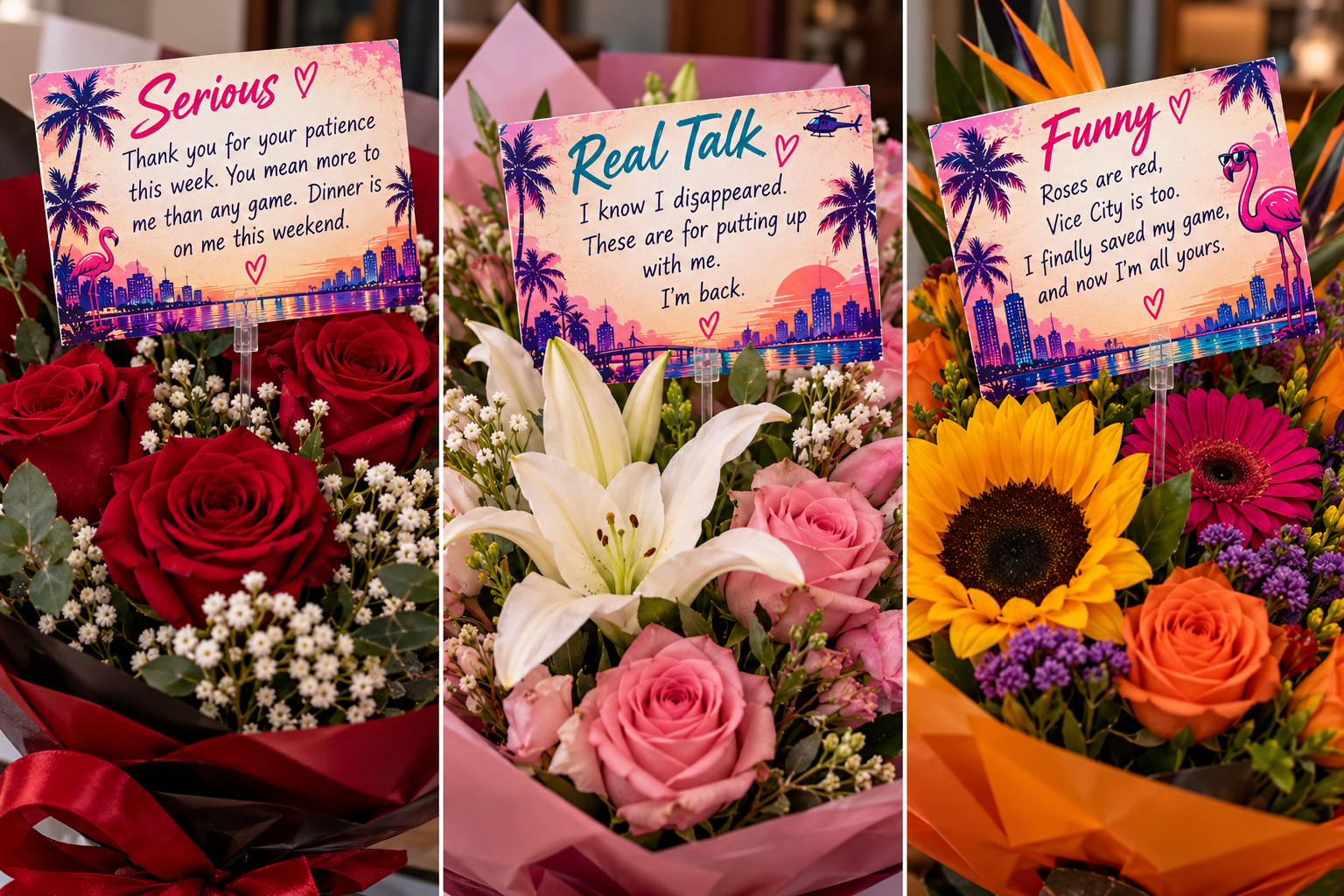 Three bouquets with apology cards: red roses with the Serious note, pink lilies with the Real Talk note, and bright sunflowers with the Funny note.