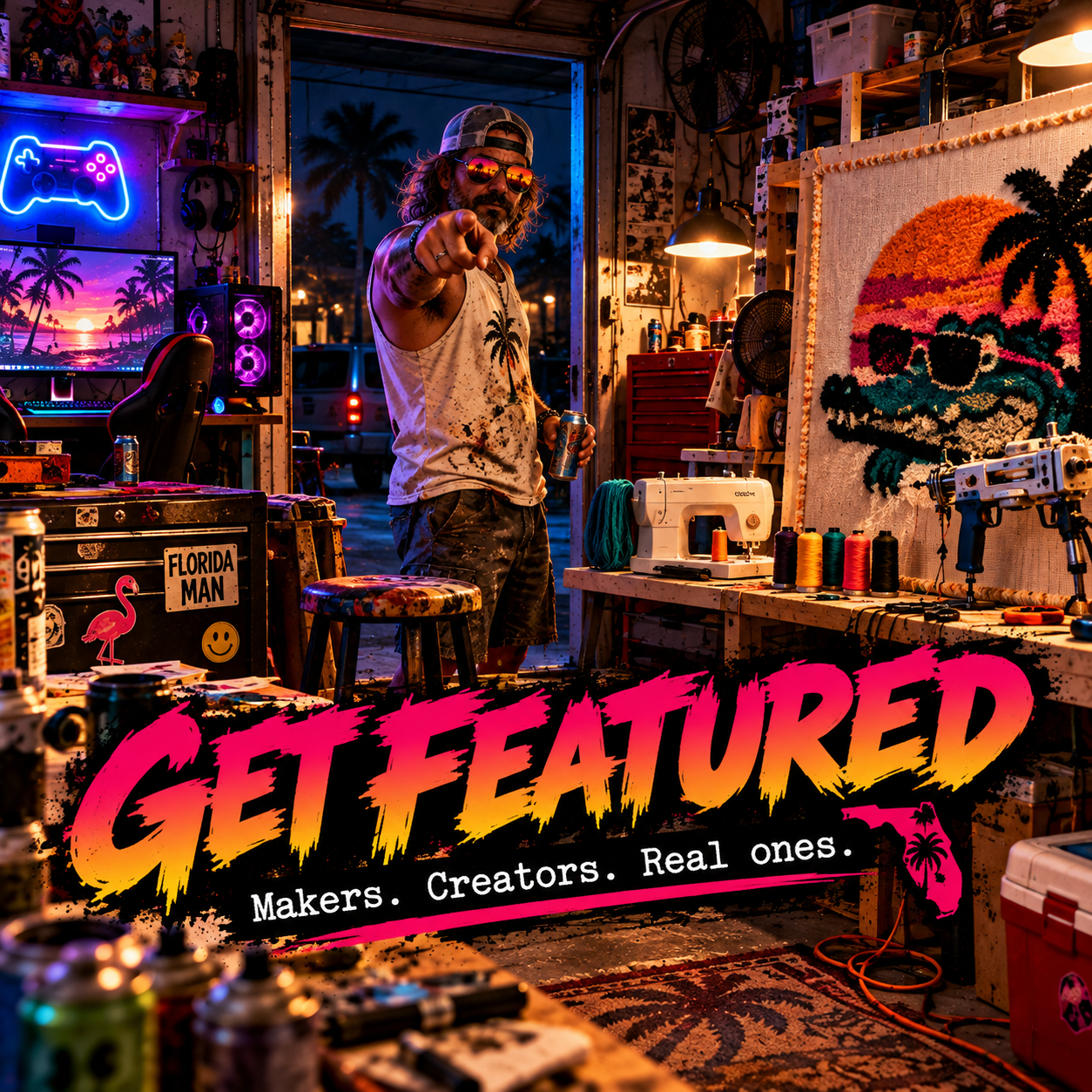 Florida Man pointing at the viewer from a neon lit garage workshop full of art and gaming gear.