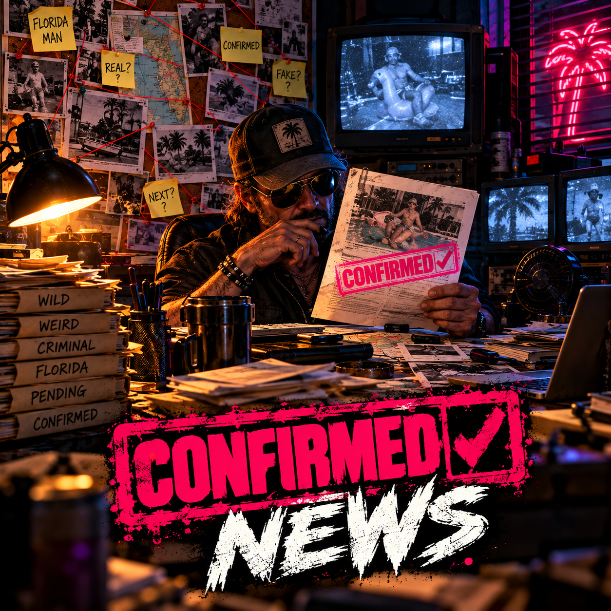Florida Man at a cluttered desk late at night, holding up a page stamped Confirmed.