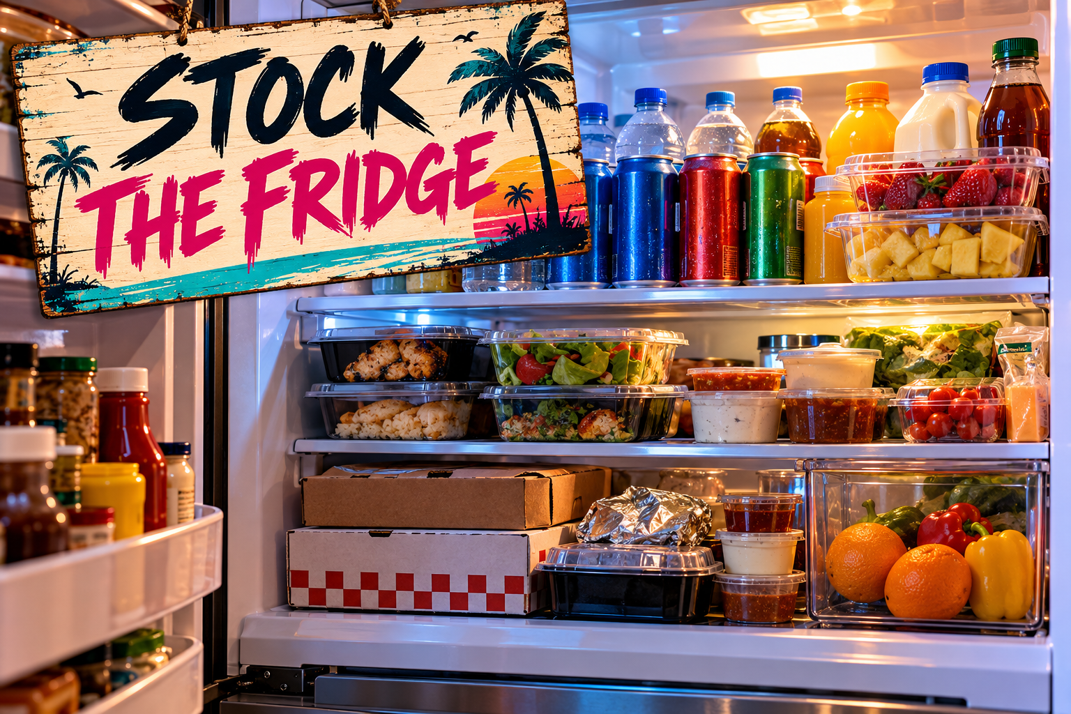 An open fridge packed with drinks, fruit, pizza boxes and takeout, with a beach style sign that says Stock the Fridge.