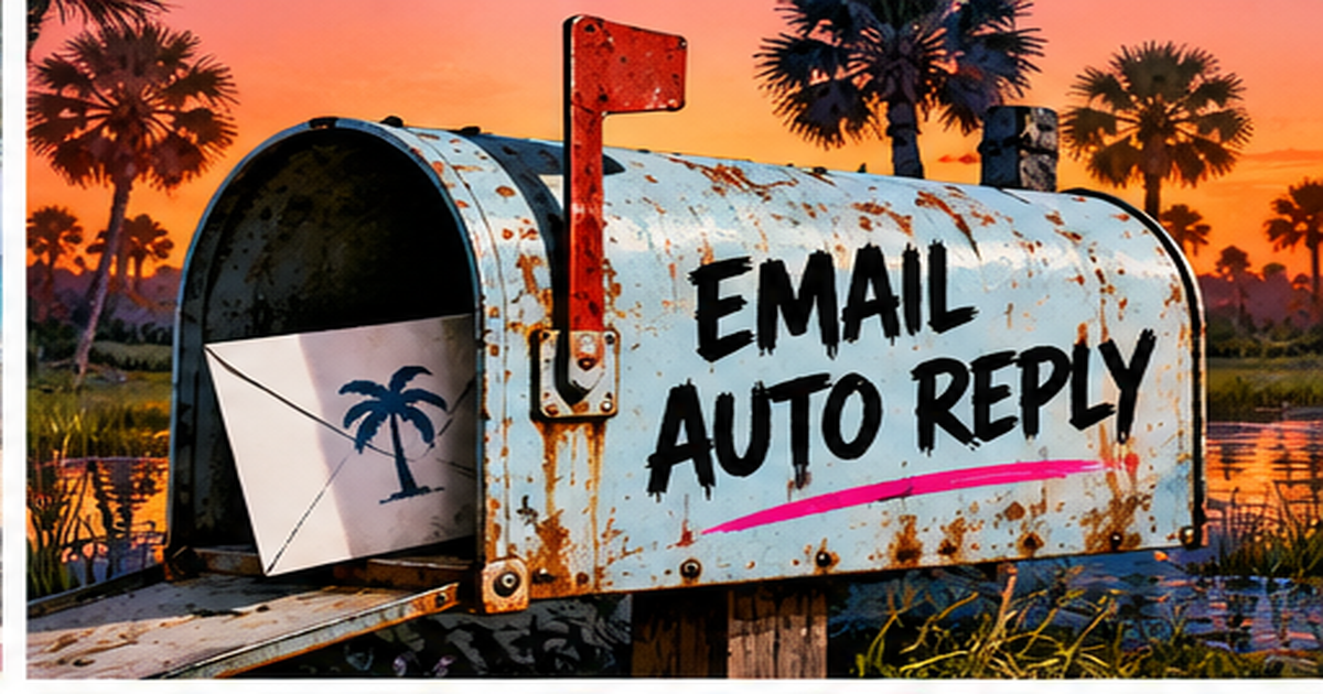 A rusty mailbox at sunset with a letter sticking out and a sign that says Email Auto Reply.