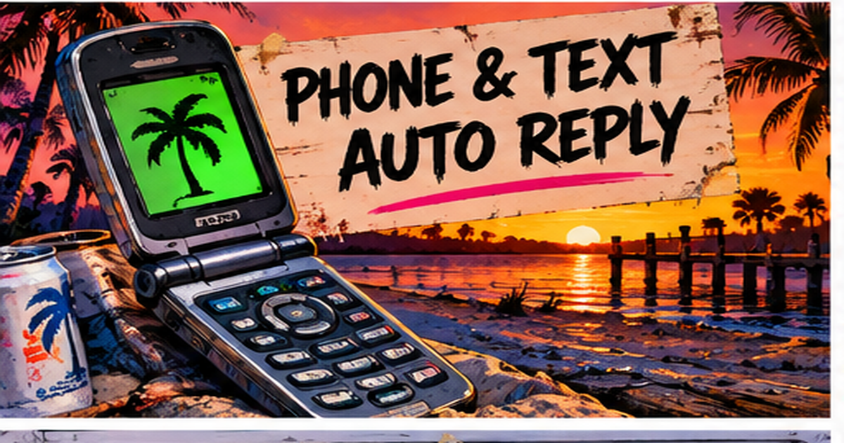 A flip phone on a dock at sunset next to a sign that says Phone and Text Auto Reply.
