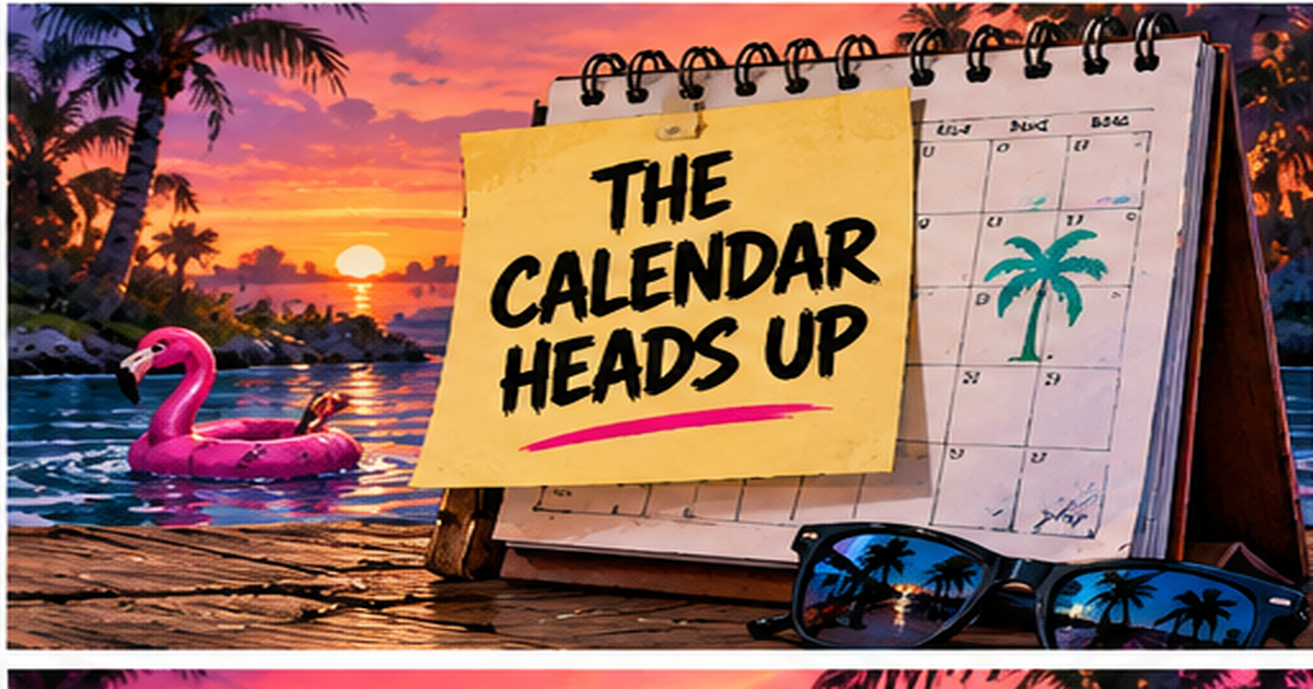 A desk calendar with a sticky note that says The Calendar Heads Up, with a pink flamingo float on the water behind it.