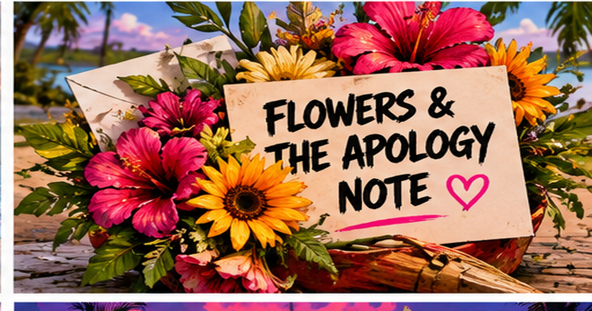 Tropical flowers with an envelope and a sign that says Flowers and the Apology Note.