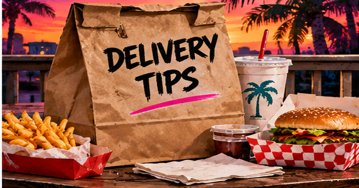 A paper takeout bag that says Delivery Tips, with fries, a burger and a drink at sunset.