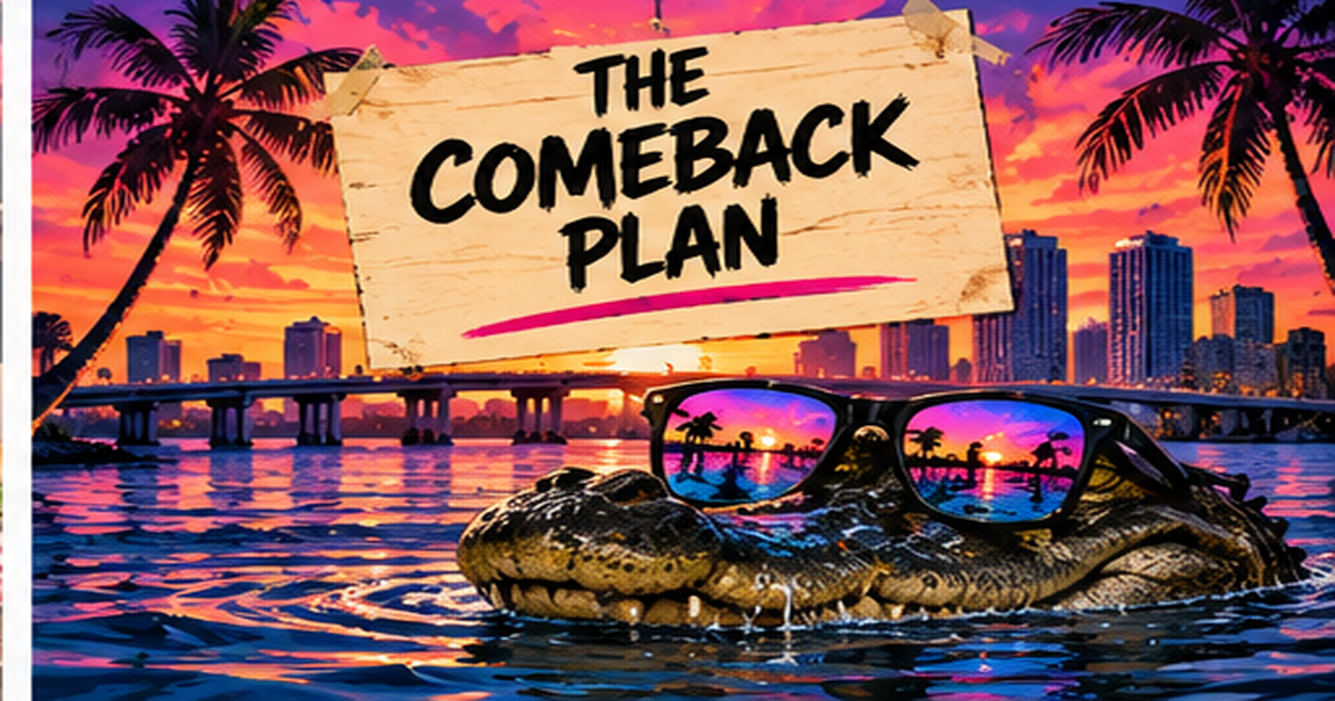A gator wearing sunglasses at the water with a city skyline at sunset and a sign that says The Comeback Plan.