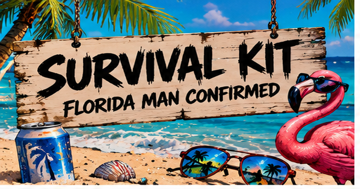 A beach scene with a flamingo in sunglasses and a wooden sign that says Survival Kit, Florida Man Confirmed.